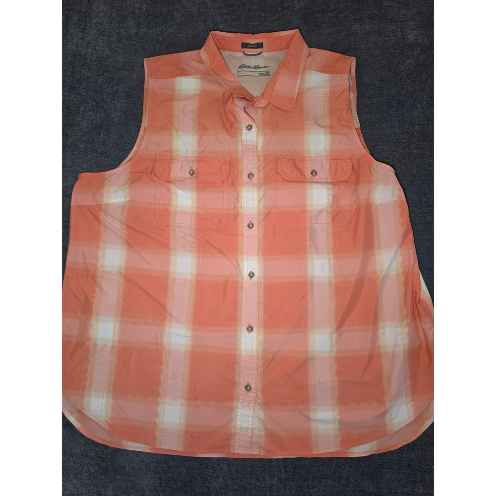 Eddie Bauer Womens 2XL Tall Orange Plaid Sleeveless Hiking Shirt Classic Fit